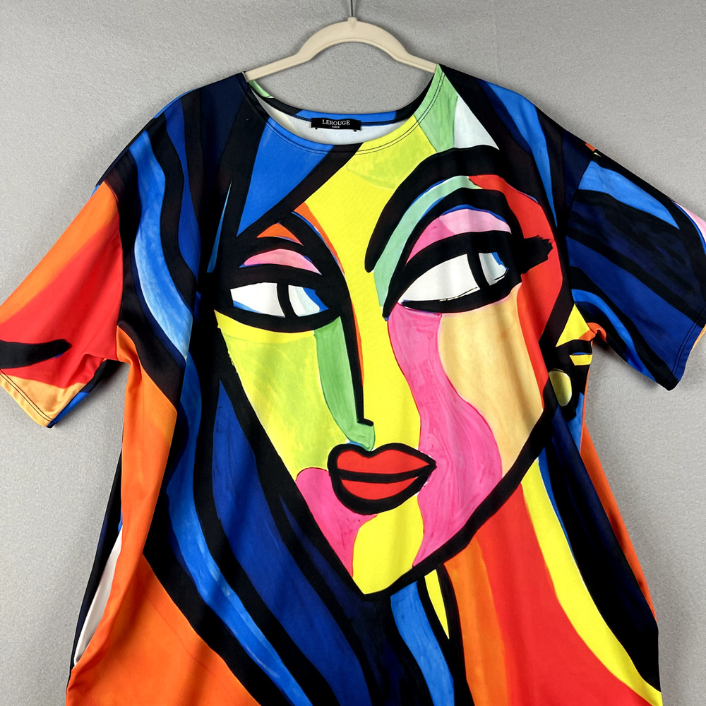 Lerouge Abstract Face Dress Womens XL Pockets Artsy Pop Art Colorful Bright - Picture 2 of 13